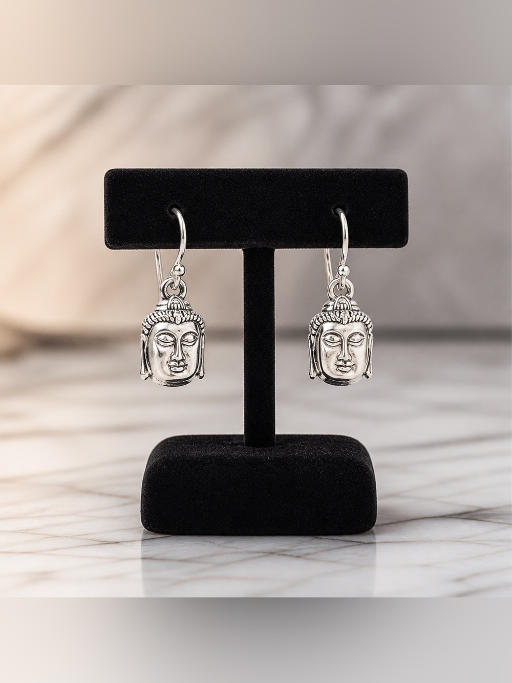 Silver Buddha Head Drop Earrings - hypoallergenic hooks